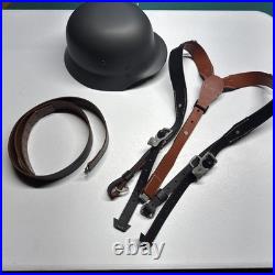 German WWII Helmet, Y-Straps and Black Leather Equipment Belt field gear set