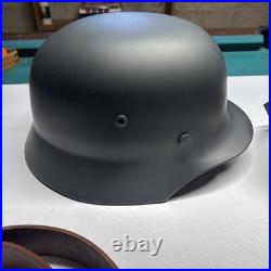 German WWII Helmet, Y-Straps and Black Leather Equipment Belt field gear set