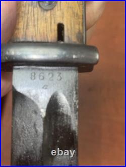 German WWII Mauser Kar 98 Bayonet with Scabbard, Wood Grips, K98