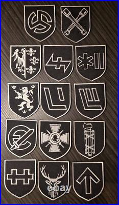 Set of 14 chevrons of the Waffen Grenadier Divisions of the SS. Wehrmacht