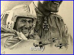 Signed By Gunther Rall Potrait John Shaw Me-109 Luftwaffe Ace 275 Kills