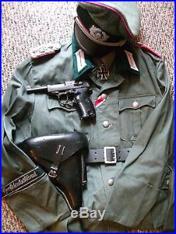 WW2 German Panzer Officer uniform tunic, trousers, visor cap, belt, prop pistol