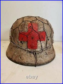 WWII GERMAN M35 Winter Medic Chickenwire HELMET WithHand Aged Paint Work and Liner