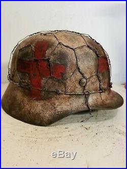 WWII German M35 Normandy AgedWinter Medic Chickenwire Helmet