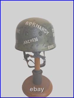 WWII M38 German Fallschirmjager Helmet with Souvenir 1st Inf. Div. Emblem &battles