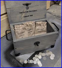 WWII Nazi Germany Reichsbank Chest, Bags, and 3 Real 2 Reichsmarks Collector set