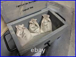 WWII Nazi Germany Reichsbank Chest, Bags, and 3 Real 2 Reichsmarks Collector set